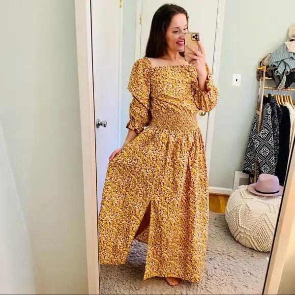 RIXO London Floral Dainty Ditsy Cottagecore Orange Maxi Dress Puff Sleeve M - Picture 13 of 16